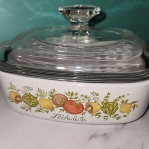 Corningware White Casserole Dish with Glass Lid and Multicolor Design